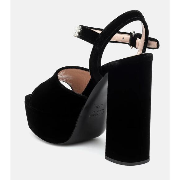 MIU MIU Embellished Velvet Platform Sandals - 36.5 (6.5) - Nero - Picture 2 of 6